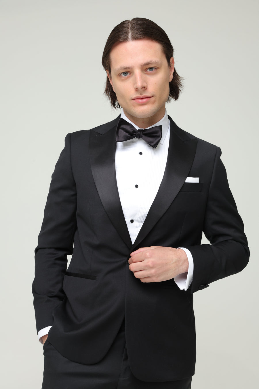 tuxedo suit front view of model
