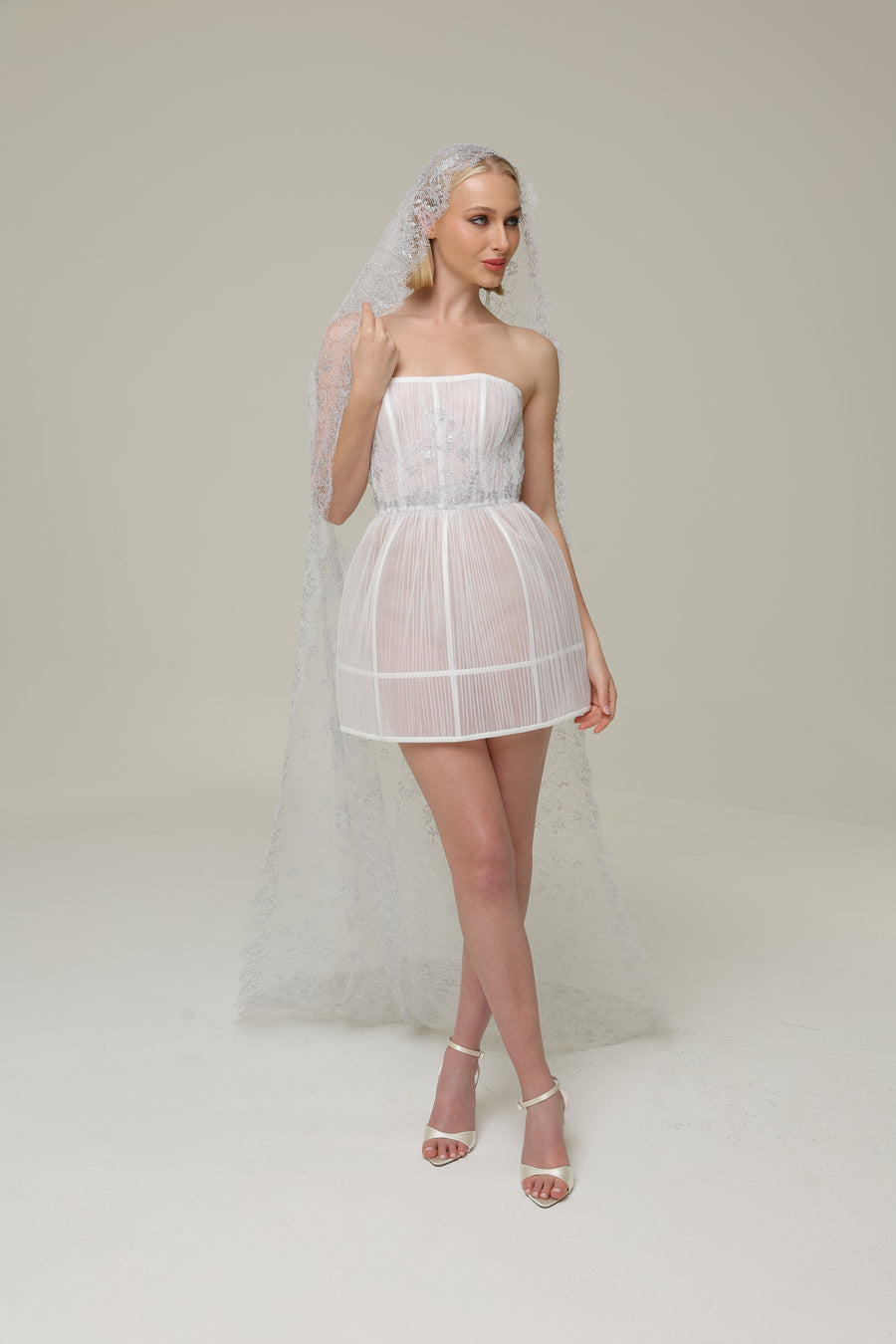 Perfect Second Wedding Dress – Amara’s Glow by Klovia. Hire the French Chantilly lace veil. 