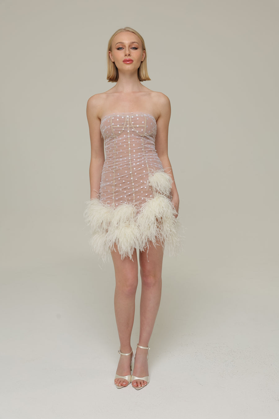 Saskia Reception Wedding Dress – Mini French Lace & Feather Detailing