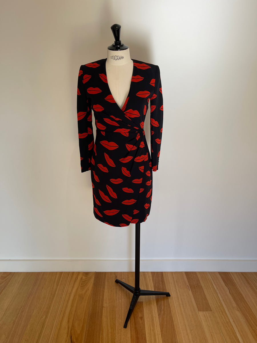 Saint Laurent Black & Red Lip Print Silk Wrap Dress