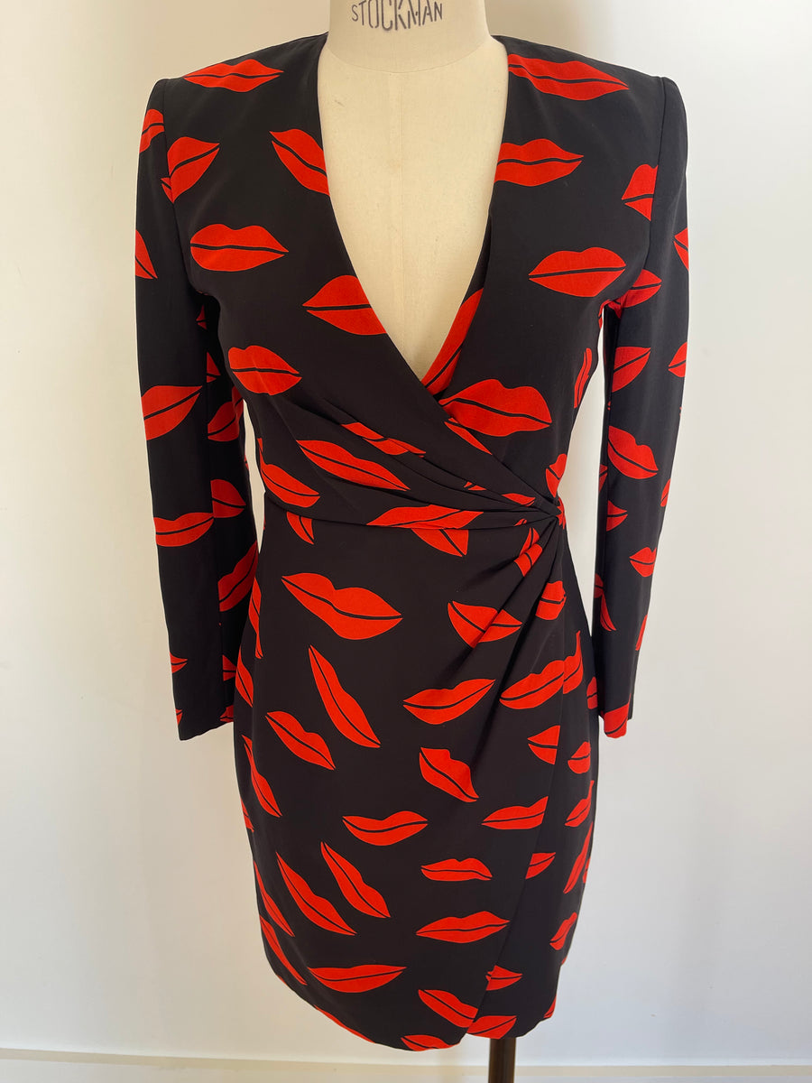 Saint Laurent Black & Red Lip Print Silk Wrap Dress