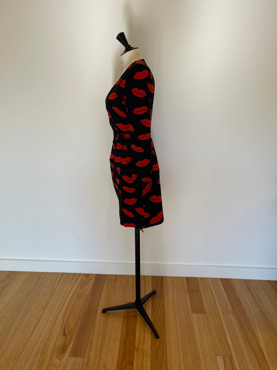 Saint Laurent Black & Red Lip Print Silk Wrap Dress