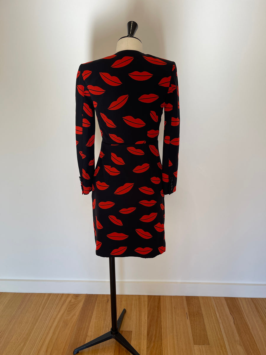 Saint Laurent Black & Red Lip Print Silk Wrap Dress