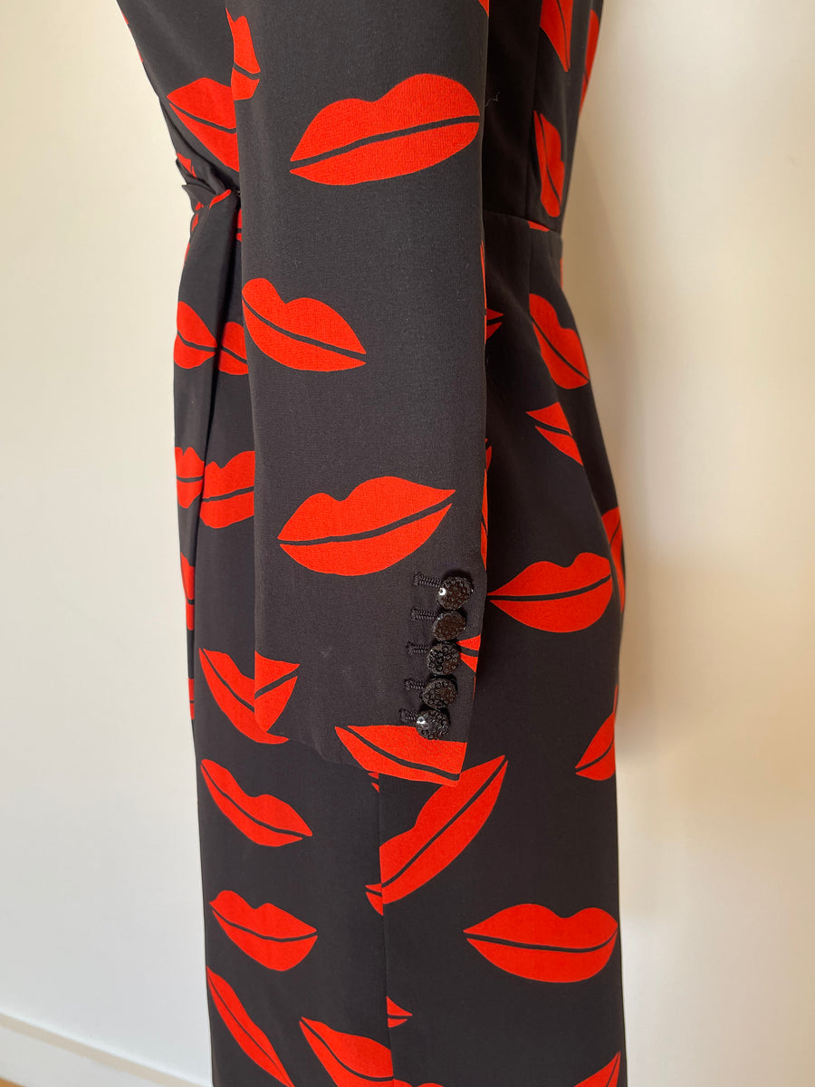 Saint Laurent Black & Red Lip Print Silk Wrap Dress