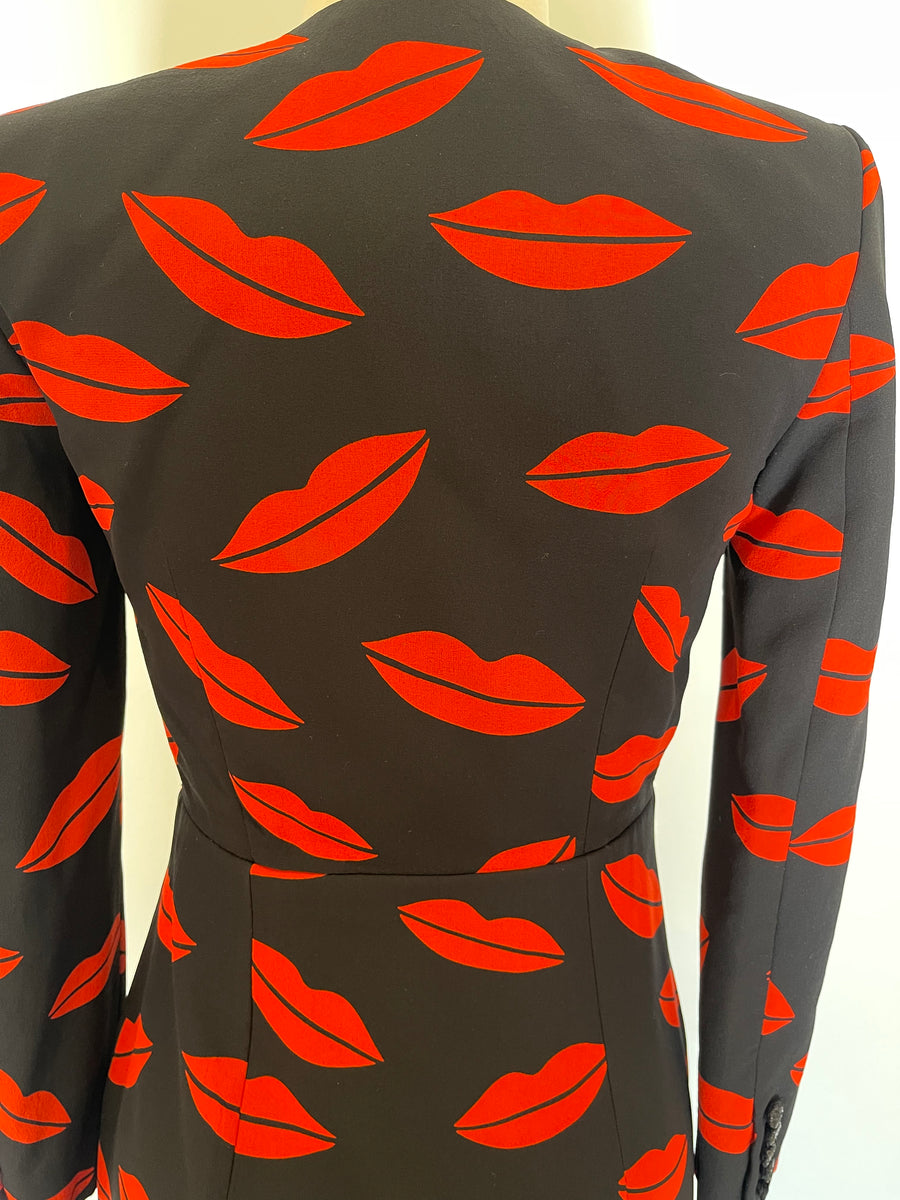 Saint Laurent Black & Red Lip Print Silk Wrap Dress