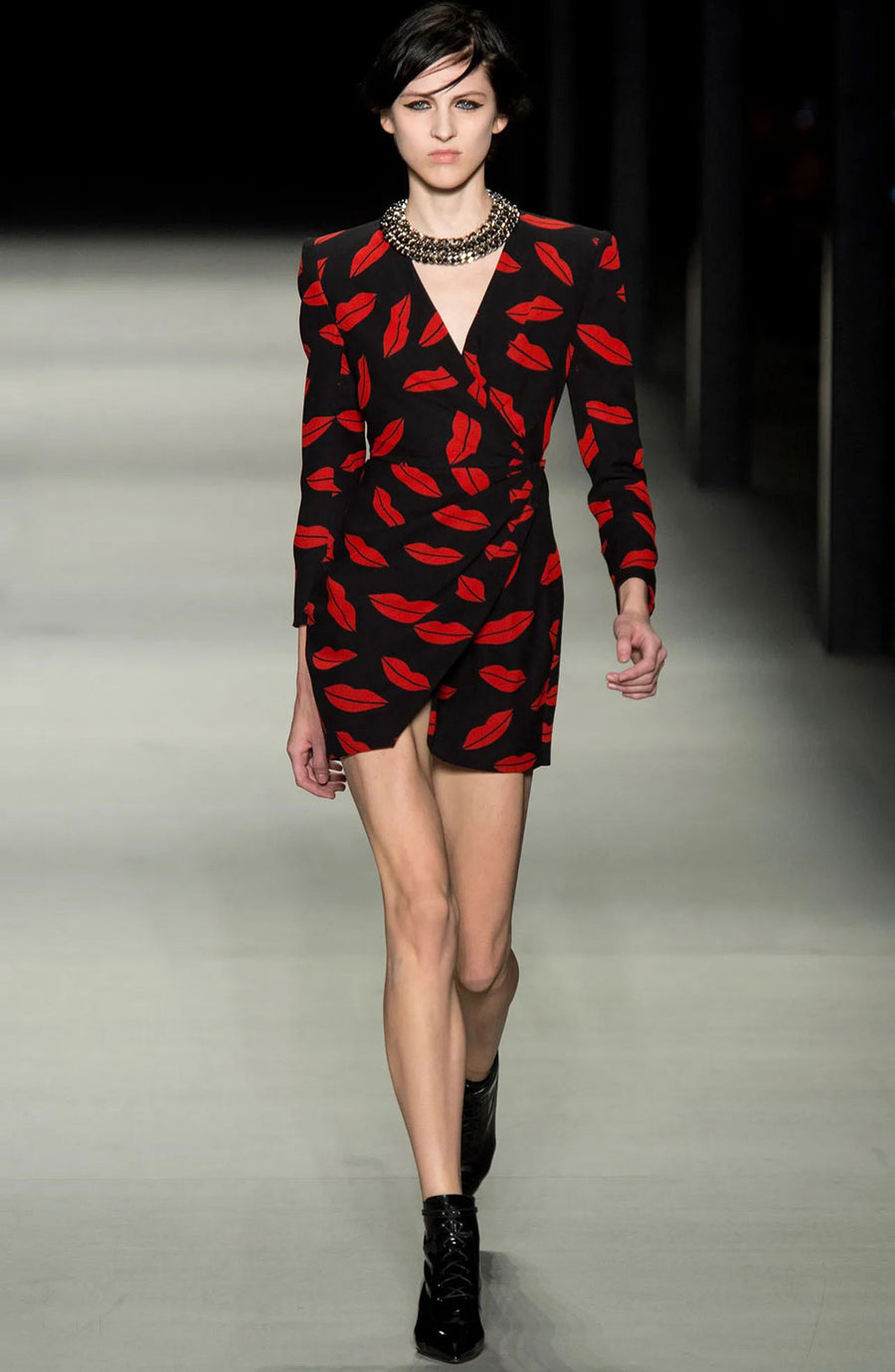 Saint Laurent Black & Red Lip Print Silk Wrap Dress